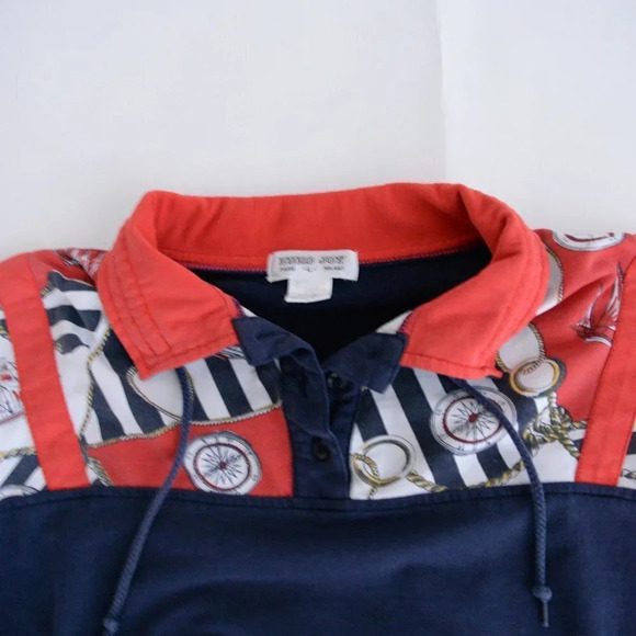 Vintage Euro Joy Navy & Red Nautical Button Collar with Draw String Sweater - Picture 7 of 11